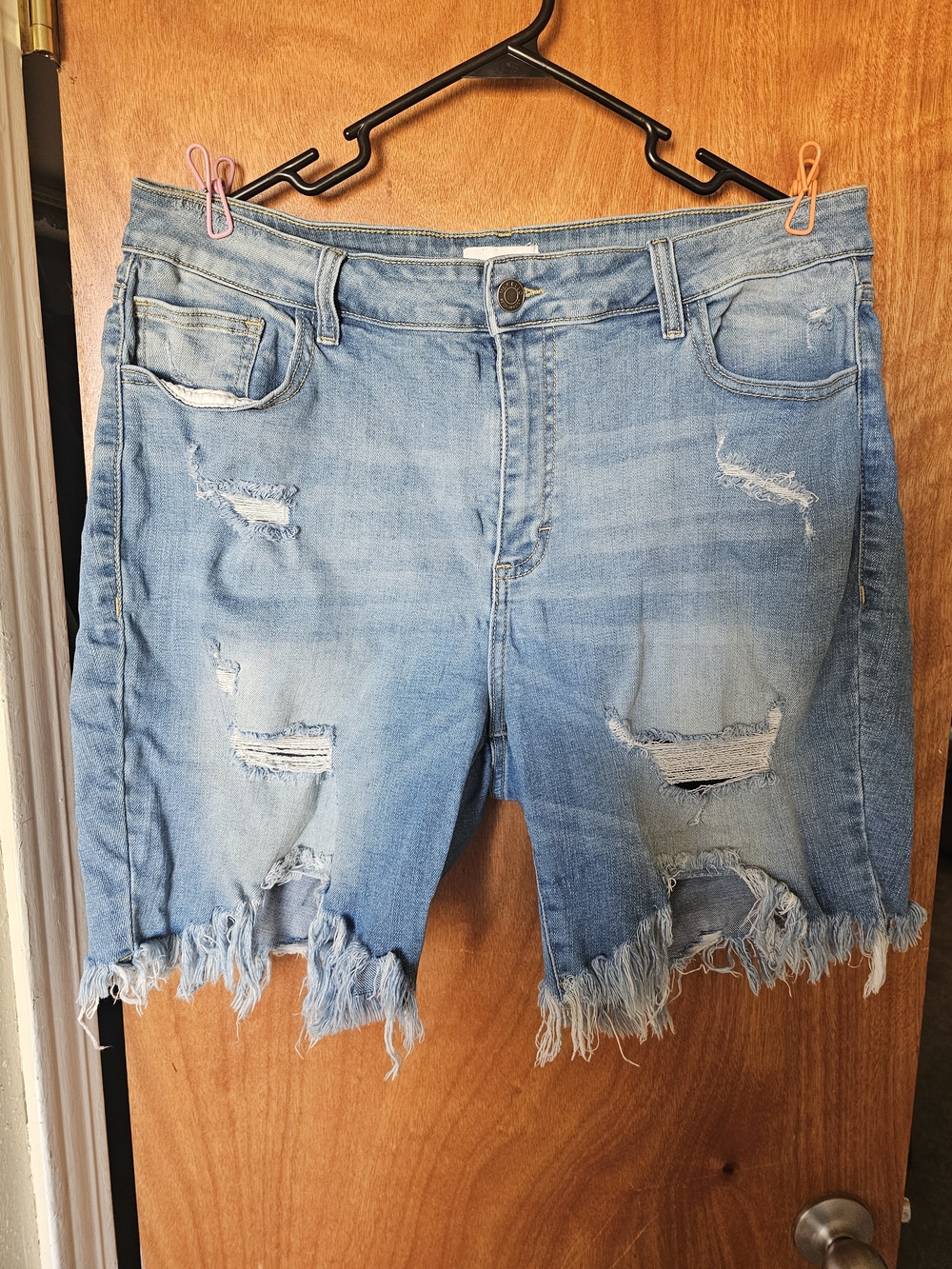 Distressed Light Blue Denim Jean Shorts with Frayed Hem